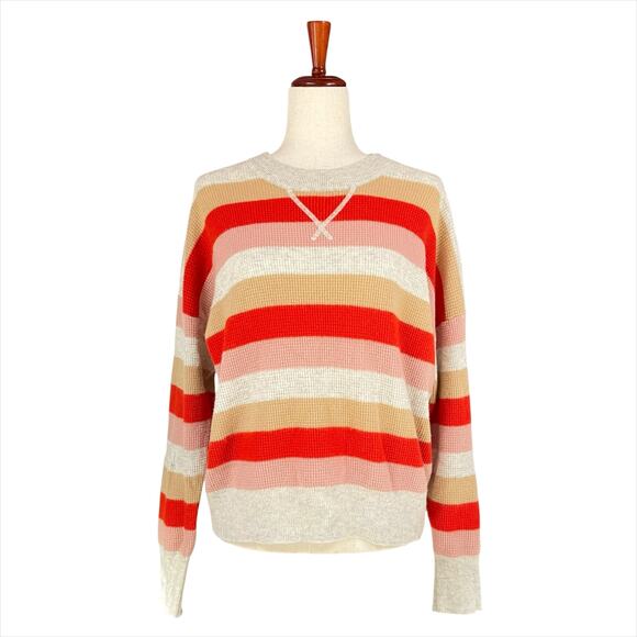 MADEWELL 100% Cashmere Waffle Knit Sweater in Norman Stripe L Tan Pink Red Grey - Picture 1 of 8